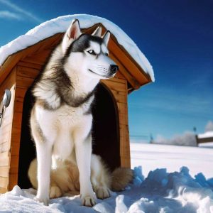 Heat For Dog House: Siberian Husky sitting on the-porch of a dog house in the snow