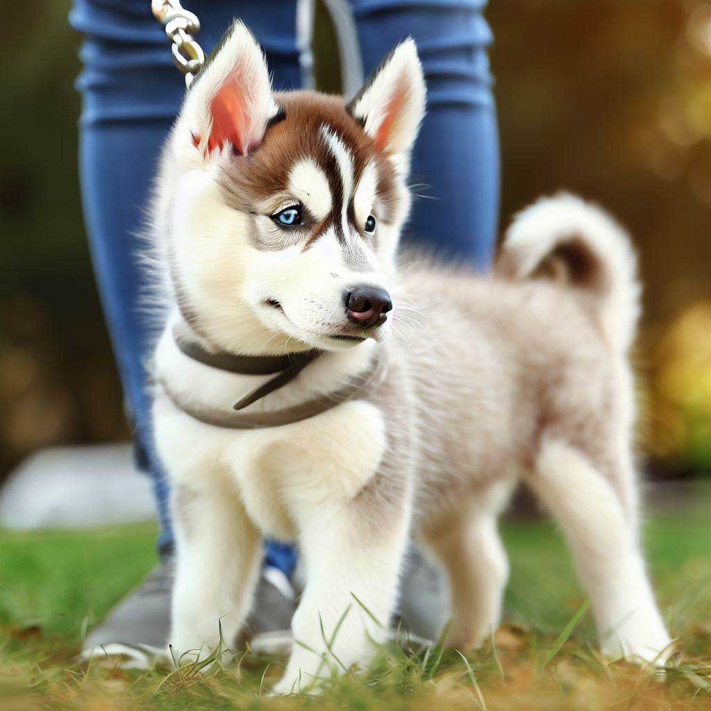 How to Train a Puppy: Siberian husky puppy on a leash being trained