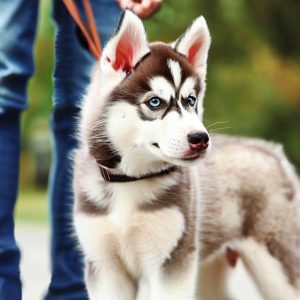 How To Stop Puppy Biting: Siberian husky puppy on a leash with owner